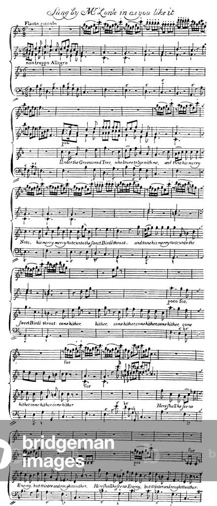 ARNE, T A - Under the Greenwood Tree 18thC Score of Arne's setting of  Under the Greenwood Tree, from Shakespeare's 'As You Like It' English Composer, 1710-1728