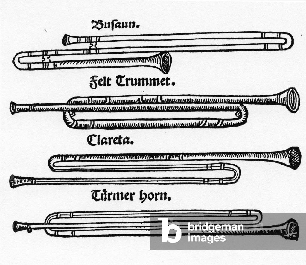 Sackbut - Woodcut from AGRICOLA's 'Musica Instrumentalis Deudsch' (1529) showing sackbut and related instruments (Tower Trumpet, Clareta, Military Trumpet)