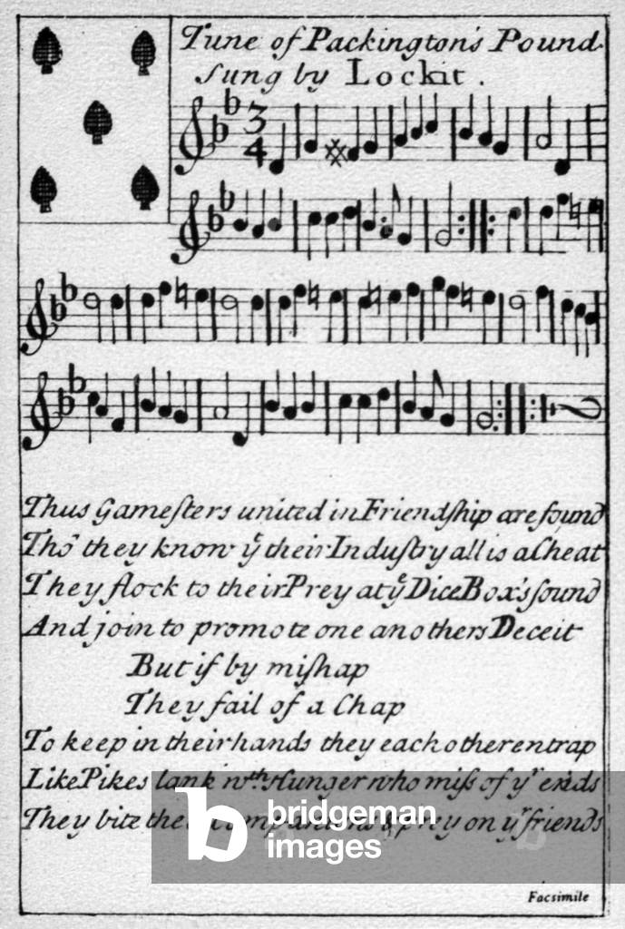 BROADSIDE BALLADS - Packingtons Pound playing card c1730 with melody and words of Packington's Pound, as used in Gay's 'Beggars' Opera' one of the most popular ballad tunes of 16th/17thC