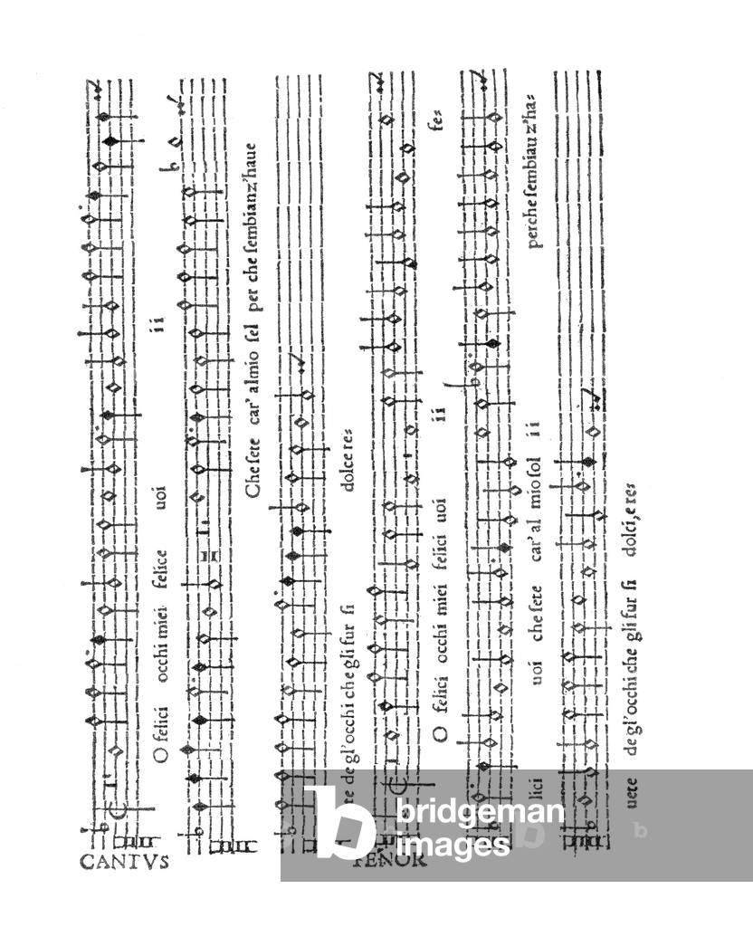 Arcadelt 's 'O felici occhi miei' score (Cantus and Tenor parts) printed in Diego Ortiz's 'Trattado de Glosas' (1553)