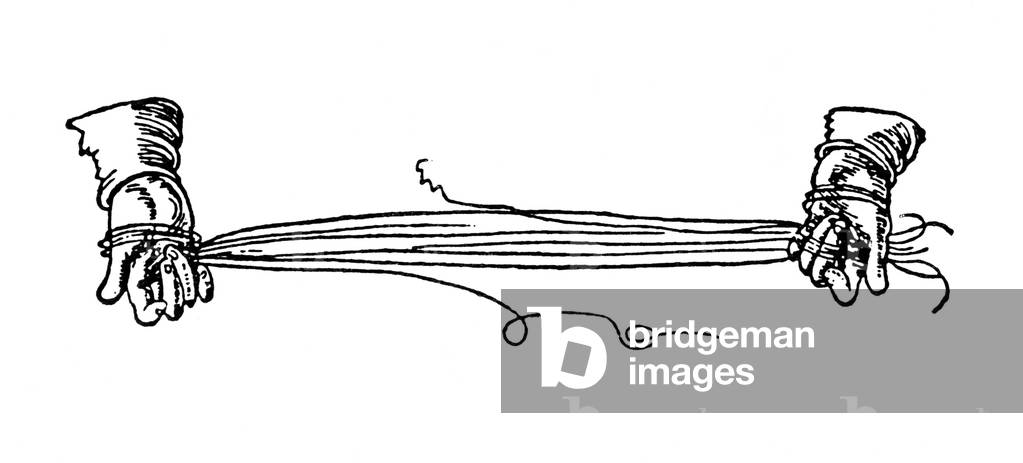 Two hands testing strings Woodcut from VIRDUNG's 'Musica Getutscht', 1511