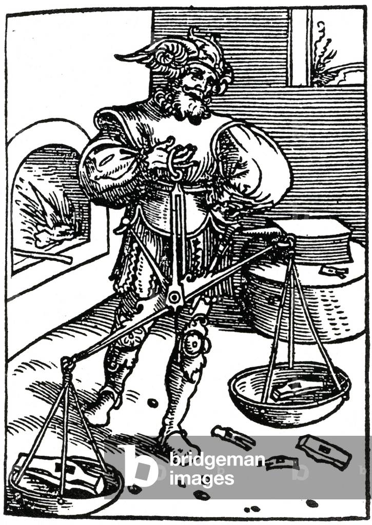 PYTHAGORAS - weighing hammers to determine difference in weight and resonance, 1529 (engraving)