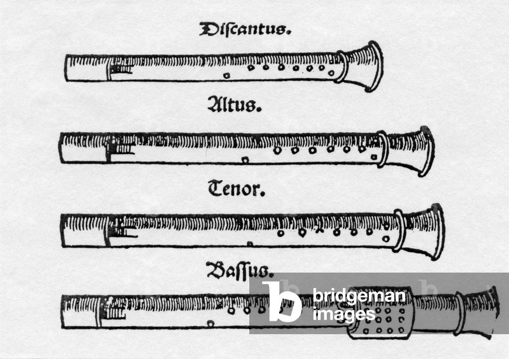 Recorders - woodcut from Agricola 's 'Musica Instrumentalis Deudsch', showing all four recorders