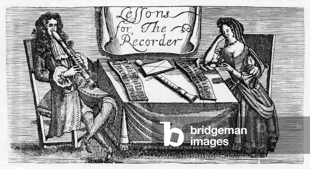 'Lessons for the Recorder' -  frontispiece from 'The Genteel Companion' by Humphrey Salter, 1683