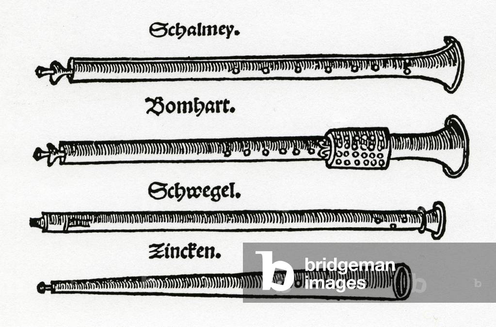 Early woodwind instruments - Woodcut from Agricola's 'Musica Instrumentalis Deudsch' (1529), showing straight cornett, three hole pipe, pommer and shawm