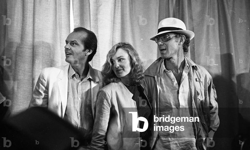 Jack Nicholson with Jessica Lange and Bob Rafelson during a press conference about The Postman Always Rings Twice, Cannes festival, Cannes, France, 1981