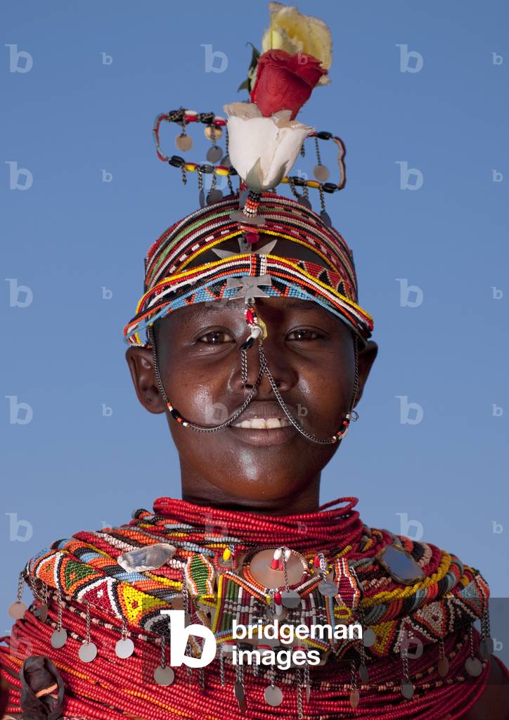 Rendille tribeswoman wearing traditional headdress and jewellery, Marsabit district, Ngurunit, Kenya, Africa (photo)