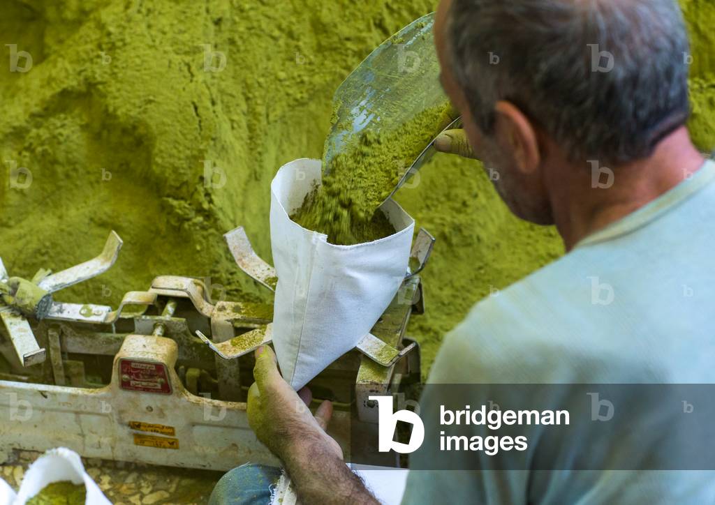Iranian Worker Packing Henna Bags in a Traditional Mill, Yazd Province, Yazd, Iran (photo)