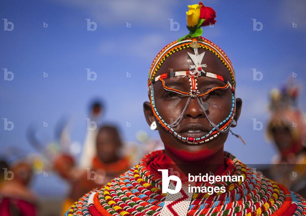 Rendille tribeswoman wearing traditional headdress and jewellery, Turkana lake, Loiyangalani, Kenya, Africa (photo)