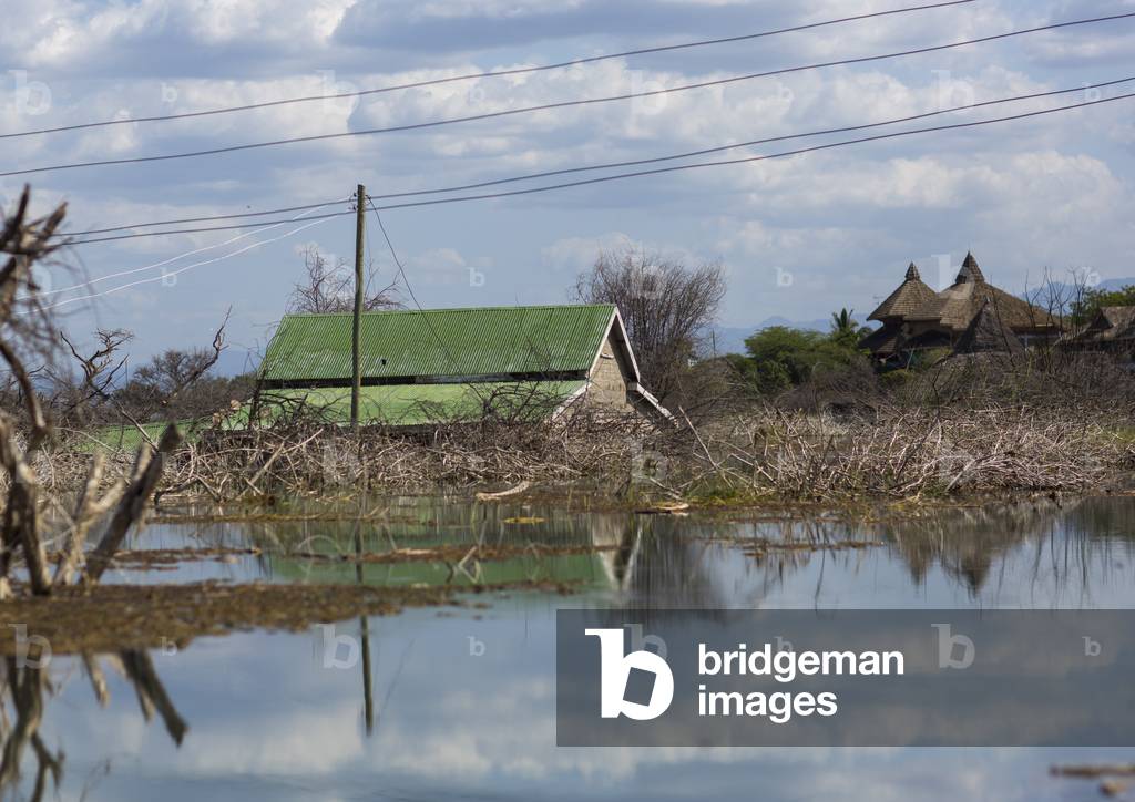 View of flooded house and resort, Baringo county, Baringo, Kenya, Africa (photo)