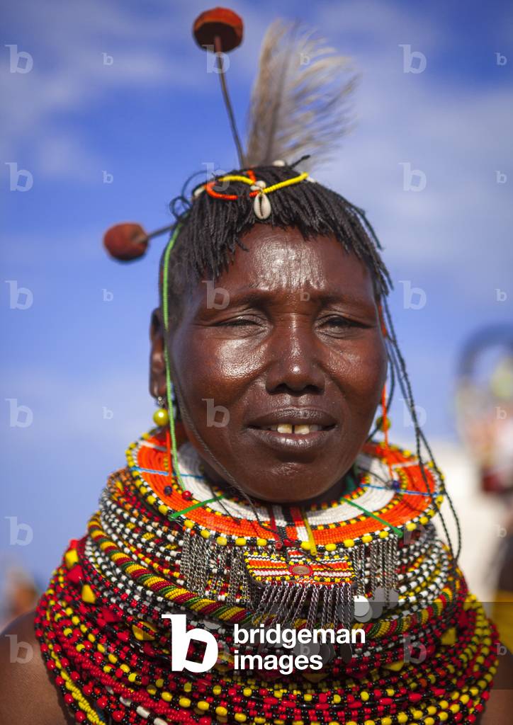 Turkana tribe woman with huge necklaces and ear rings, Turkana lake, Loiyangalani, Kenya, Africa (photo)