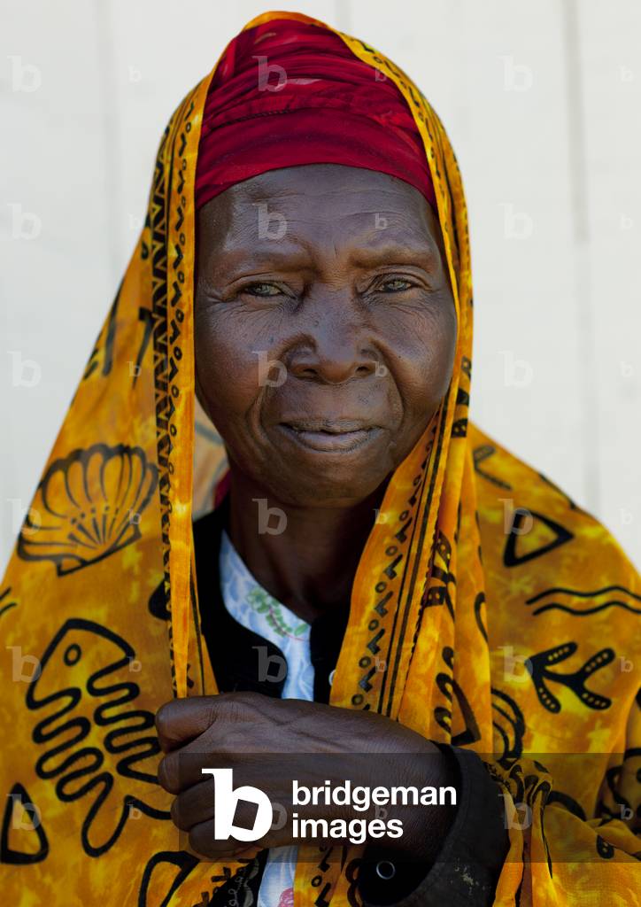 Mid adult woman wearing yellow veil portrait, Lamu, Kenya, Africa (photo)