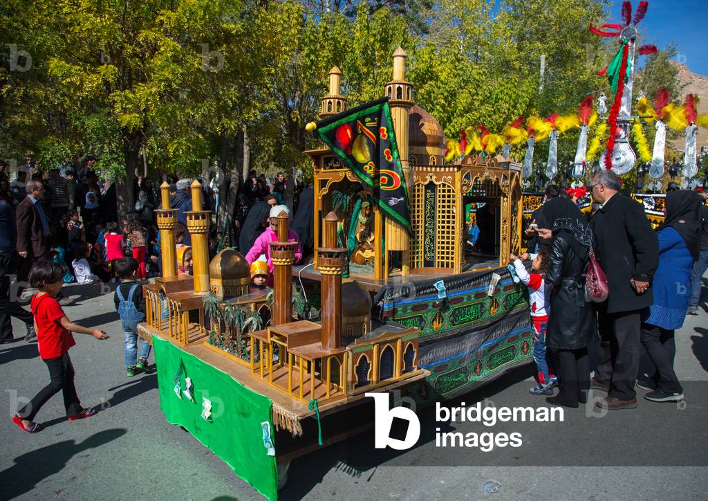 Trolley where are Sold Green Ribbons that the People will Attach to Alams during Ashura Celebration, Kurdistan Province, Bijar, Iran (photo)