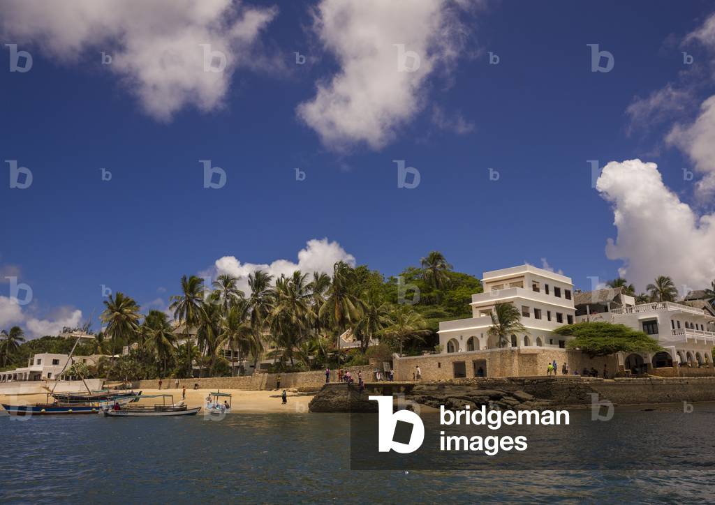 Houses, Hotels and boats on the waterfront, Lamu county, Shela, Kenya, Africa (photo)