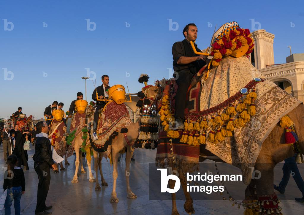 Procession with camels during Muharram celebrations in Fatima al-Masumeh shrine, Central County, Qom, Iran (photo)