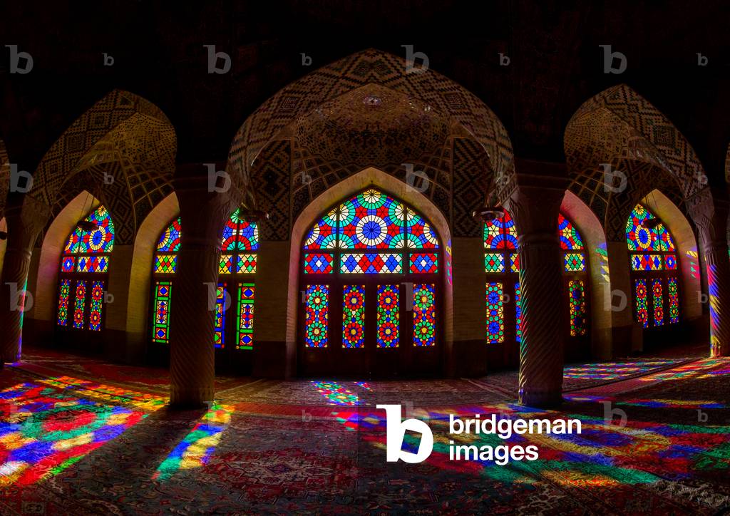 The Prayer Hall of Nasir Ol Molk Mosque with Its Beautiful Coloured Glass Windows, Fars Province, Shiraz, Iran (photo)