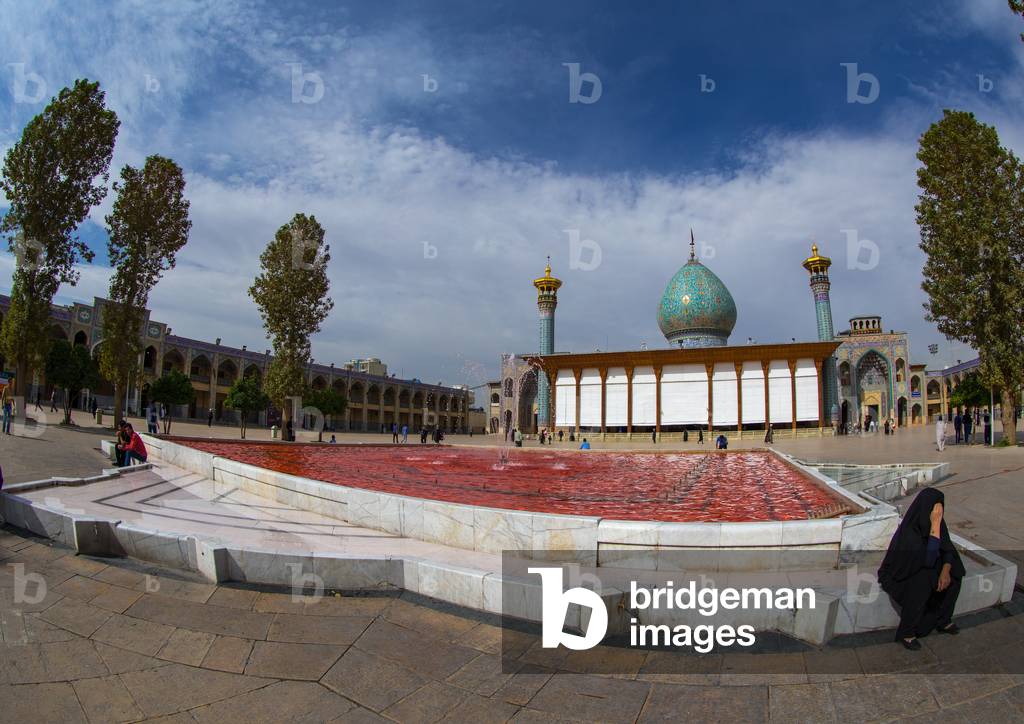 The Shah-e-Cheragh Mausoleum with the Bassin Filled with Red Water to Commemorate Ashura, Fars Province, Shiraz, Iran (photo)