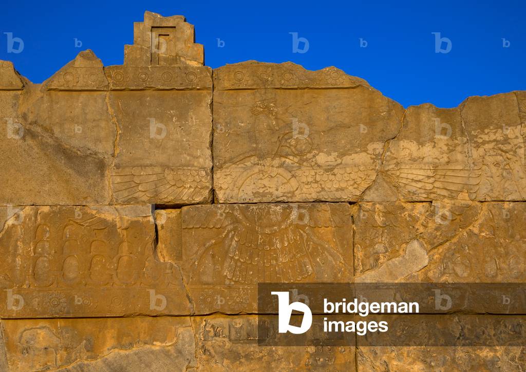 Zoroastrian emblem of Ahura Mazda carved in Persepolis, Fars Province, Marvdasht, Iran (photo)