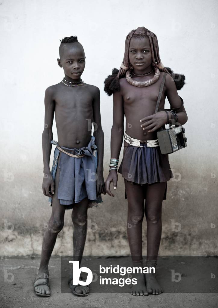 Himba Kids with an Audio Tape Recorder, Angola, Africa (photo)