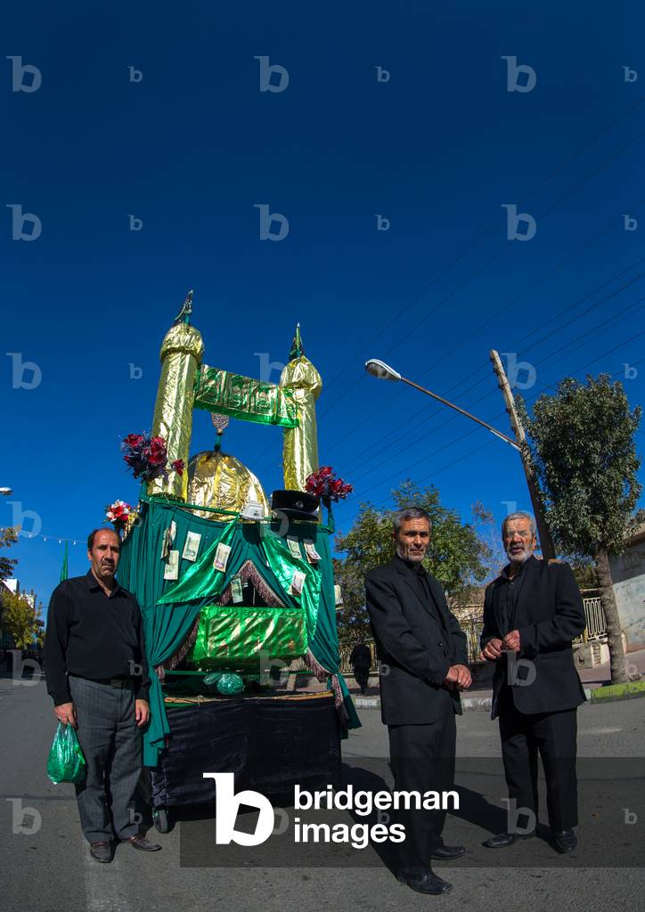 Trolley where are Sold Green Ribbons that the People will Attach to Alams during Ashura Celebration, Kurdistan Province, Bijar, Iran (photo)