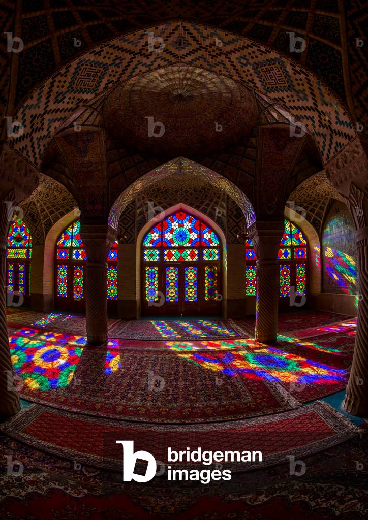 The Prayer Hall of Nasir Ol Molk Mosque with Its Beautiful Coloured Glass Windows, Fars Province, Shiraz, Iran (photo)