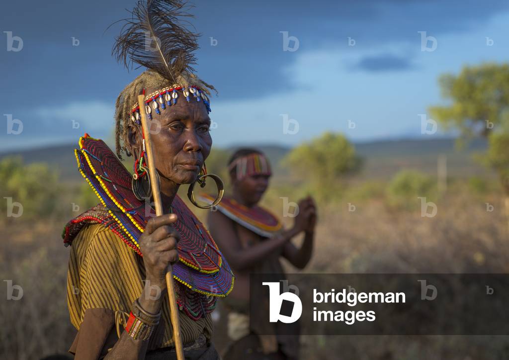 Pokot women wear large necklaces made from the stems of sedge grass, Baringo county, Baringo, Kenya, Africa (photo)