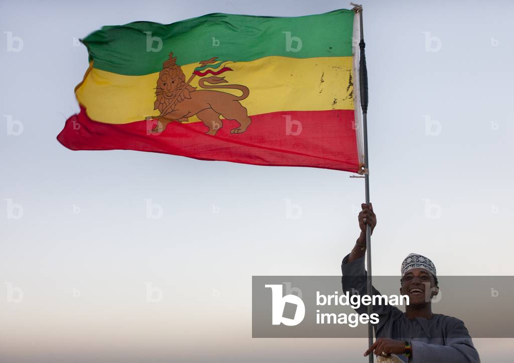 Teenage boy brandishing  ethiopian flag, Rastafari lion, While he smiles at camera, Lamu, Kenya, Africa

 (photo)