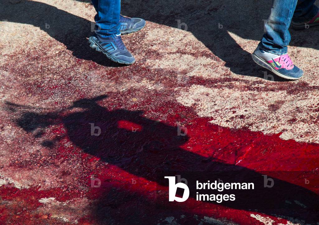 Shadows in Blood of Iranian Shiite Men Who are Beating Themselves with Iron Chains to Commemorate Ashura, Kurdistan Province, Bijar, Iran (photo)