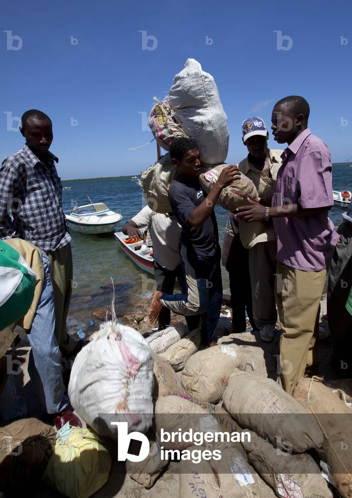 Men carrying sacksof qat as a fresh stock arrived to the port of lamu, Kenya, Africa (photo)