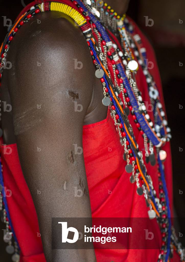 Masai warrior with wounds on his arm made by a lion, Nakuru county, Nakuru, Kenya, Africa (photo)