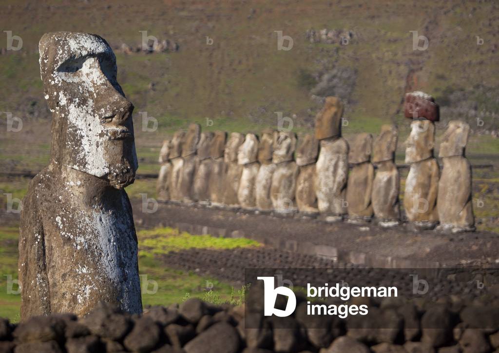 Monolithic Moai Statues at Ahu Tongariki, Easter Island, Chile (photo)
