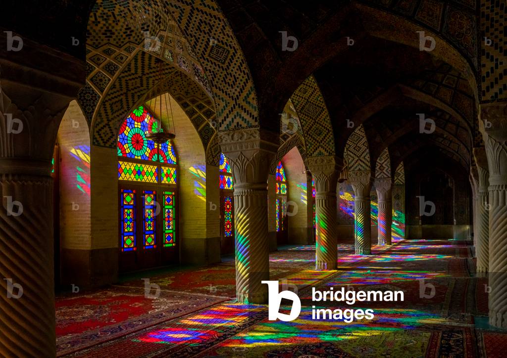 The Prayer Hall of Nasir Ol Molk Mosque with Its Beautiful Coloured Glass Windows, Fars Province, Shiraz, Iran (photo)