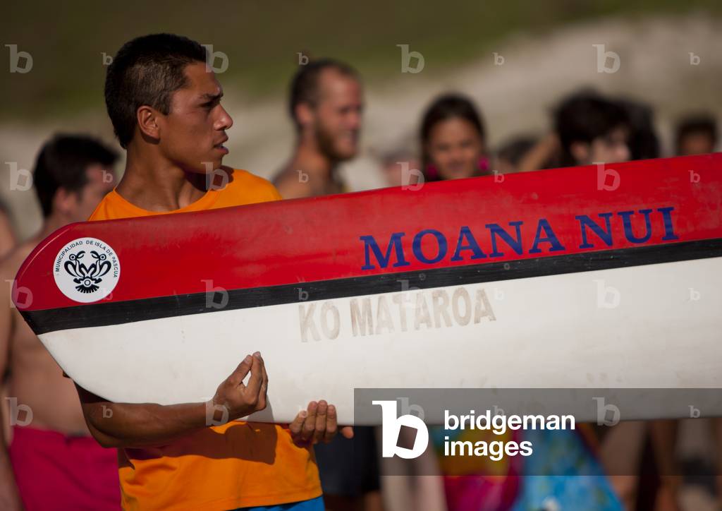 Tattooed Men Ready For Canoe Competition at Anakena beach, Easter Island, Chile (photo)