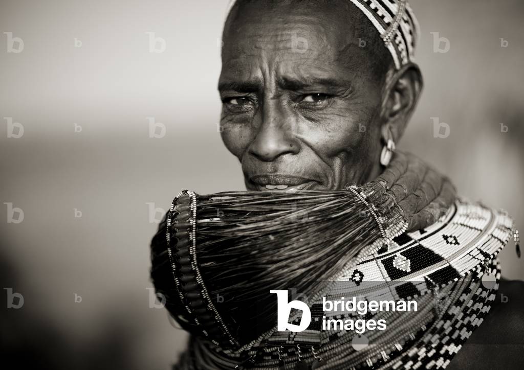 Rendille tribeswoman wearing traditional headdress and mpooro engorio necklace, Marsabit district, Ngurunit, Kenya, Africa (photo)
