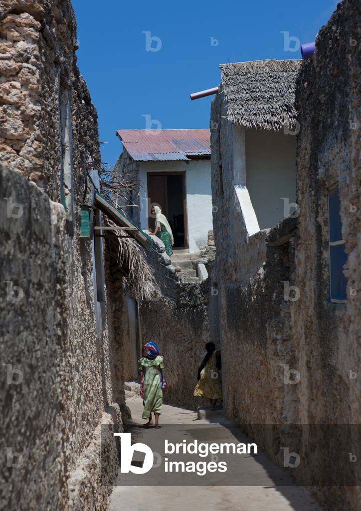 Woman passing by the narrow street of pate island, Lamu Kenya, Africa
 (photo)