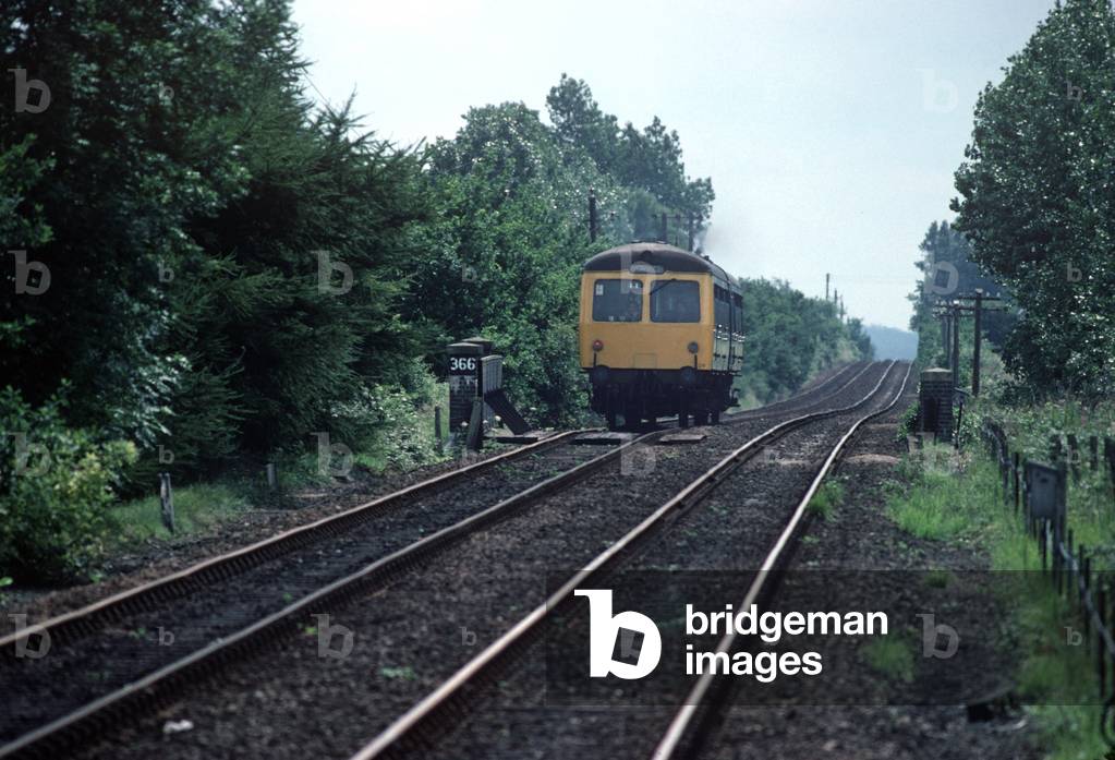 Diesel Multiple Unit on a stretch of line between Norwich and Sheringham, Norfolk, England, 1982 (photograph)