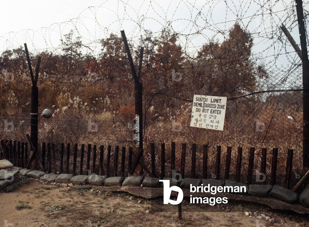 Heavily fortified Korean Demilitarized Zone, DMZ Line, between North Korea and South Korea under United Nations controll (photo)