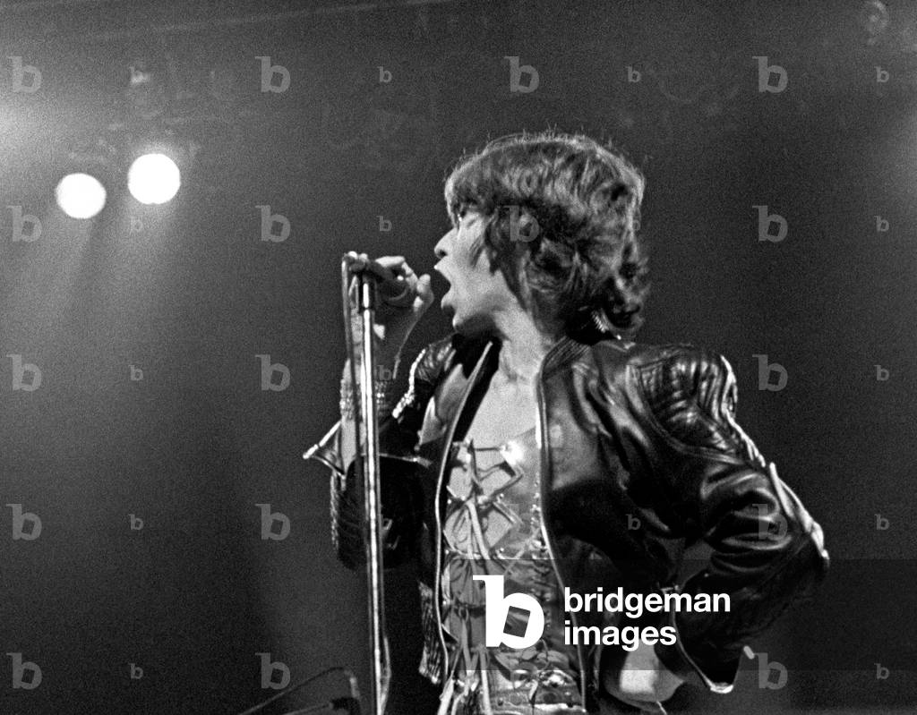 Mick Jagger opening the Rolling Stones Concert in Wembley Arena, London, UK, 1972 (b/w photo)