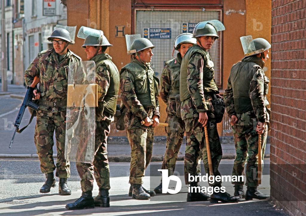British Army Troops with Anti Riot Gear in City Center of Belfast during The Troubles, Northern Ireland, 1972