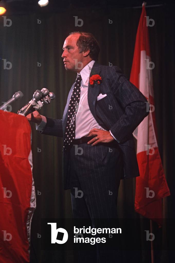 Prime Minister Pierre Trudeau at a political party rally, Montreal, Quebec Province, Canada  (photo)