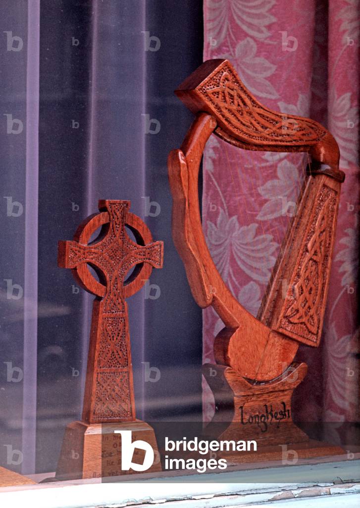 Models of Celtic Harp and Celtic Cross made by Republican Prisoners in Long Kesh Internmet Camp during The Troubles, Northern Ireland, Long Kesh, 1972 (photo)