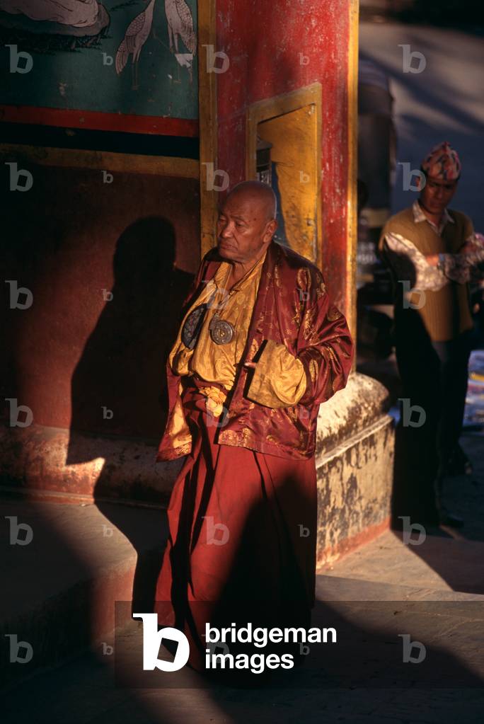 Buddhist monk in Ganden Monastery,  destroyed by the Red Guards in 1966, Tibet (photo)