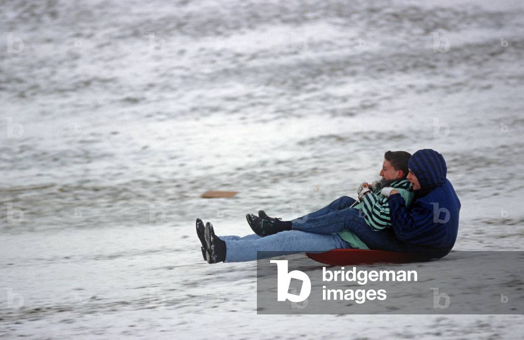 Tobaganning on Hampstead Heath, North London, England, UK (photo)