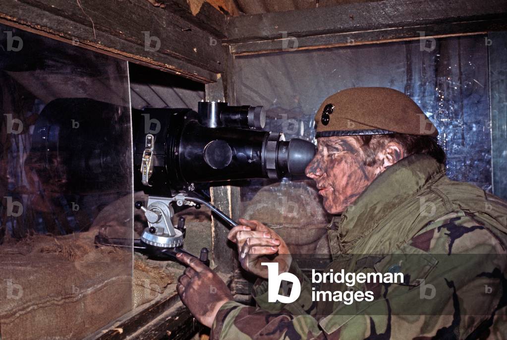 British Army lookout post using Night Vision Scope during The Troubles, Northern Ireland, 1972