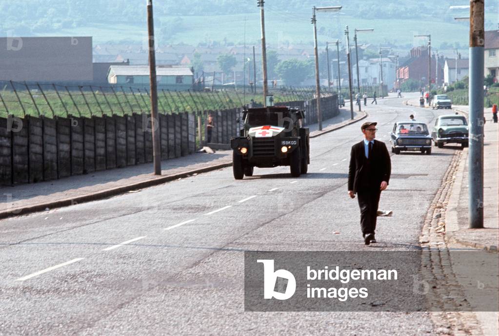 British Army Saracen Ambulance on way to incident in West Belfast during The Troubles, Northern Ireland, 1972