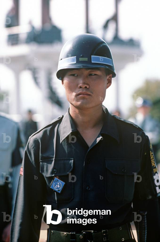 South Korean soldier at Panmunjom, during South and North Korean talks at Panmunjom, Korean Demilitarized Zone, DMZ Line (photo)