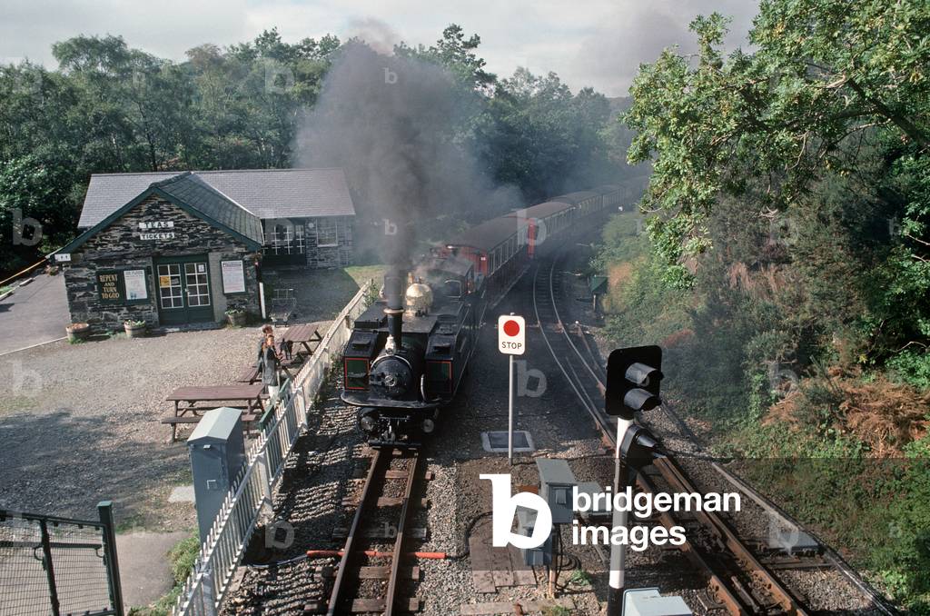 Steam locomotive approaching Tan-Y-Bwlch station, Gwynedd, North Wales, 1990 (photo)