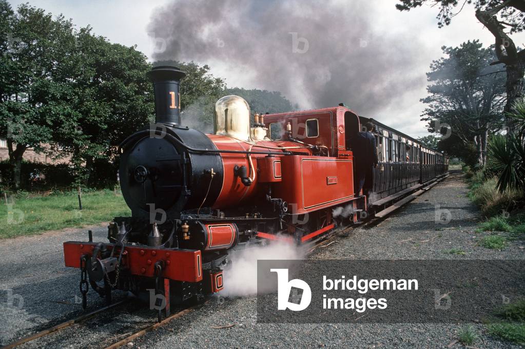 Steam locomotive at Isle of Man Castletown Halt on the Isle of Man Railway, 1991 (photo)