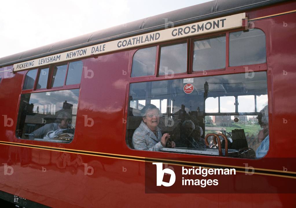 Passengers on steam train at Pickering station, North Yorkshire Moors Railway, North Yorkshire, North Yorkshire, England, UK, 1992 (photo)