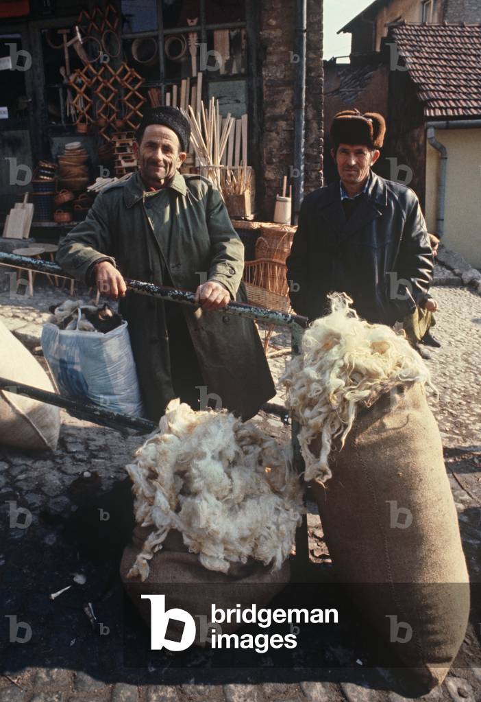 Wool merchants in historical market area of Sarajevo, former Yugoslavia